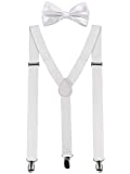 Suspender Bow Tie Set Clip On Y Shape Adjustable Braces, 80s Costume Suspenders Shoulder Straps for Halloween Cosplay Party (White)