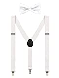 Mens Suspenders and Bow Tie Set Adjustable Elastic Clip On Y Back Suspenders for Wedding White