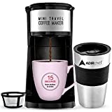 AdirChef Mini Travel Single Serve Coffee Maker & 15 oz. Travel Mug Coffee Tumbler & Reusable Filter for Home, Office, Camping, Portable Small and Compact for Fathers Day (Black)
