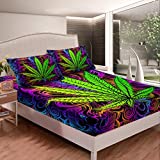 Marijuana Weed Leaf Bed Sheet Set Set,Cannabis Fitted Sheets Bedding Set with Pillow Shams Cannabis Vibrant Green Colorful Printed Bed Sheet Set Soft Bed Cover Room Decor 3Pcs Full Size