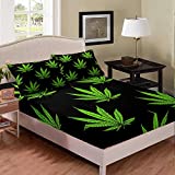 Erosebridal Marijuana Weed Leaves Fitted Sheet, Adult Cannabis Leaves Bed Sheet, Exotic Leaves Rustic Bedding Set Full Size, Soft Microfiber Bed Cover Wrinkle Bedclothes, Green Black