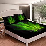 Erosebridal Cannabis Leaves Bedding Set Queen for Kids Boys Girls Marijuana Weed Leaf Fitted Sheet Exotic Leaves Rustic Bed Set for Teens Adult Lightweight Bedroom Decor, Black Green(No Top Sheet)