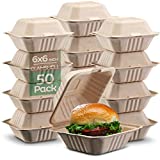 100% Compostable Clamshell Take Out Food Containers [6x6" 50-Pack] Heavy-Duty Quality to go Containers, Natural Disposable Bagasse, Eco-Friendly Biodegradable Made of Sugar Cane Fibers