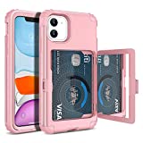 WeLoveCase iPhone 11 Wallet Case for Women, Men Defender Credit Card Holder Cover with Hidden Mirror Three Layer Shockproof Heavy Duty Protection All-Round Armor Protective Case for iPhone 11 Pink