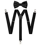 TIE G Solid Color Men's Suspender + Woven Bow Tie Set for Wedding : Vivid Color, Adjustable Brace, Strong Enhanced Clip, Elastic Band (Black)