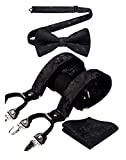 Mens Suspenders Formal Paisley Floral 6 Clips Adjustable Braces Y Shape Black Suspenders and Bow Tie & Pocket Square Set
