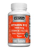 Vitamin B12 1000 mcg Methylcobalamin + B6/Folic Acid, 180 Vegan Tablets, Best Supplement to Increase Energy, Enhance Mood, Sharpen Focus and Boost Metabolism*