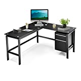 Black L Shaped Computer Desk with Drawers, 56” Glass top Corner Desks for Home Office, Modern L Shaped Office Desk for Student, Writing, Working (Metal Steel Frame)