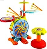 WolVol Electric Big Toy Drum Set for Kids with Movable Working Microphone to Sing and a Chair - Tons of Various Functions and Activity, Bass Drum and Pedal with Drum Sticks (Adjustable Volume)