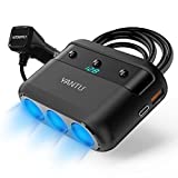 YANTU 150W Cigarette Lighter Adapter,3 Sockets Cigarette Lighter Splitter, USB C/QC 3.0/Type c Fast Car Charger, Car Charger Adapter with Voltage Display 12V Outlet Socket Splitter with On-Off Switch