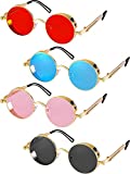 Frienda 4 Pieces Retro Steampunk Sunglasses Vintage Gothic Round Sunglasses Circle Steampunk Glasses Women Men (Pink, Blue, Red, Black)