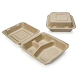 100% Compostable Disposable Food Containers with Lids [8”X8” 3-Comp 200 Pack] Eco-Friendly Take-Out TO-GO Containers, Heavy-Duty, Biodegradable, Unbleached by Earth's Natural Alternative