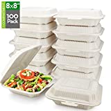 HeloGreen [100 Count] Eco Friendly Take Out Food Containers [8"x8",1-Compartment] - Non Soggy, Leak Proof, Heavy-Duty Quality, Disposable To Go Containers for Food, Cornstarch, Microwave Safe