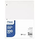 Mead Loose Leaf Paper, 3 Hole Punch Filler Paper, College Ruled Paper, 10-1/2" x 8", 200 Sheets (15326) White