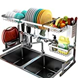 Over the Sink Dish Drying Rack, 2-Tier Kitchen Stainless Steel Dish Rack Over The Sink Shelf Storage Rack with Supplies Utensils Holder Hooks Dish Space Saver Racks (Sink size less than 32in Silver)