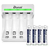 AA Lithium Batteries Rechargeable, Bonai AA Batteries 3300mWh High Capacity 1.5V Constant Output 1500 Cycles with LED Micro USB Charger, Auto-Safety Feature- 4 Packs