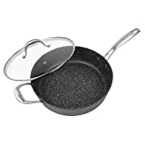 MasterPan Granite Ultra Non-Stick Cast Aluminum Sauté Pan with Glass Lid, Non-stick Frying Pan Omelette Pan, 11", Grey,