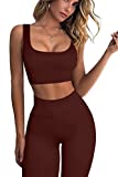 FAFOFA Stretchy Leggings Women Exercise Outfits 2 Pieces Yoga Sexy Crop Top and Leggings Set Coffee M