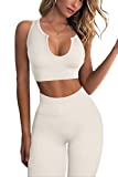 FAFOFA Womens Yoga Leggings 2 Piece Outfits Running Crop Top Seamless High Waist Leggings Beige M