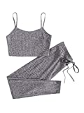 Verdusa Women's 2 Piece Outfits Ribbed Crop Cami Top and Leggings Set Tracksuit Grey M