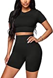 Short Sets Women 2 Piece Outfits Crew Neck Crop Tops and Shorts Black XXL