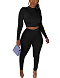 Women's Workout Tracksuit 2 Piece Outfits Long Sleeve Crop Top High Waist Legging Pants Set, Small, Black