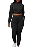 Mizoci Women's 2 Piece Outfits Workout Tracksuit Long Sleeve Crop Top Jogger Pants Set,Medium,Black