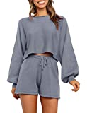 SYZRI Women's 2 Piece Knit Outfits Puff Sleeve Crop Top Shorts Set Sweater Sweatsuit, Grey, M