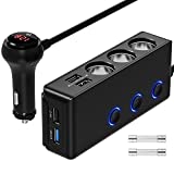   Cigarette Lighter Adapter Quick Charge 3.0, 120W 12V/24V 3-Socket Power Splitter DC Outlet with 8.5A 4 USB Ports Multifunction Car Charger, LED Display Voltage, Upgraded On Off Switch