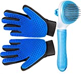 Kosiant Pet Grooming Glove for Cat Dog, Gentle Deshedding Brush Glove with Self Cleaning Slicker Brush, Efficient Pet Hair Remover with Enhanced Five Finger Design Shedding Grooming Tool, 3 Piece Set