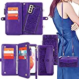 Harryshell [12 Card Slots] [Block Theft Card Scanning] Function, Detachable Magnet Wallet Case Cover Cash Bill Zipper Pocket Crossbody Lanyard Strap for Samsung Galaxy S21 5G 6.2" (Floral Purple)