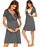 Ekouaer Maternity Gown Womens Short Sleeve Nursing Nightwear for Breastfeeding Sleepwear Hospital Gown (Dark Gray L)