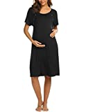 Ekouaer Women's Short Maternity Dress O Neck Nursing Nightgown for Breastfeeding(Black,M)