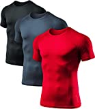 ATHLIO Men's Cool Dry Short Sleeve Compression Shirts, Sports Baselayer T-Shirts Tops, Athletic Workout Shirt, 3pack(bts02) - Black/Charcoal/Red, Medium