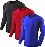 DEVOPS 3 Pack Men's Athletic Long Sleeve Compression Shirts (X-Large, Black/Red/Blue)