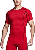 TSLA Men's UPF 50+ Quick Dry Short Sleeve Compression Shirts, Athletic Workout Shirt, Water Sports Rash Guard, Active Short Sleeve Red, Large