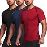 COOFANDY Men's 3 Pack Compression Athletic Workout T-Shirt, Black, Red & Navy Blue#3, Small