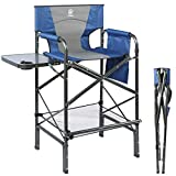 EVER ADVANCED Tall Folding Chair 30.7" Seat Height Directors Chair High Foldable Bar Stool for Makeup Artist Face Painting with Side Table Cup Holder and Storage Pocket Supports 350LBS (Blue/Grey)