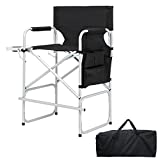 ABACAD Tall Director Chair Foldable, Portable Makeup Artist Chair Bar Height, Outdoors Folding Chair with Side Table Storage Bag Foot Rest, Black