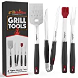 Grillaholics BBQ Grill Tools Set - 4-Piece Heavy Duty Stainless Steel Grill Tools (Grey)