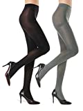 2 Pairs Super Opaque Tights for Women - 70D Microfiber Control Top Pantyhose, Black & Grey