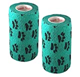 Vet Wrap Rap Tape (Teal with Paw Prints) (2 Pack) (2 Inch x 15 feet) Self Adhesive Adherent Adhering Cohesive Flex Self Stick Bandage Grip Roll Dog Cat Pet Horse