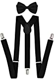 Trilece Black Suspenders for Men with Matching Bow Tie Set - Adjustable Size Elastic 1 inch Wide Y Shape - Womens Suspenders with Bowtie - Strong Clips (Black, 1)