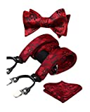 Red Floral Paisley Suspenders and Bow Tie for Men Strong 6 Clips Y-Back Adjustable Suspender Self Bowtie Pocket Square Set