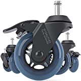 STEALTHO Patented Replacement Office Chair Caster Wheels Set Of 5 - Protect Your Floor - Quiet Rolling Over Cables - No More Chair Mat Needed - With Brakes - Blue Polyurethane - Standard Stem 7/16