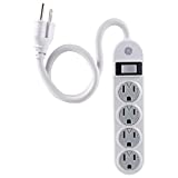 GE 4-Outlet Power Strip, 1.5 Ft Extension Cord, Grounded Outlets, Twist-to-Lock Safety Covers, Integrated Circuit Breaker, UL Listed, White, 14837