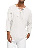 Mens Vintage Linen Cotton Shirts Long Sleeve Casual V Neck T Shirt White 2XL