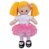 Personalized Planet Blonde Rag Doll with Custom Name Printed on White Shirt Dressed with Pink Tutu, Bow, Striped Stockings and Hair Clip, 15.5" Height