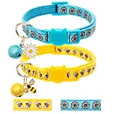 2Pcs Breakaway Cat Collar Safety Quick Release Buckle Bee Small Daisy Pattern with Cute Accessories Blue and Yellow for Cats