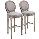 HOMCOM Vintage Bar Height Bar Stool Set of 2, Wood Accent Chairs with Soft Linen Cushions & Footrest, 30.75" Seat Height, Grey